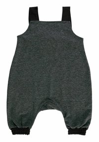Mörkgrå jumpsuit med svarta axelband, samlade ärmslut och en avslappnad passform. Tillverkad av mjukt, texturerat tyg med en enkel design.
