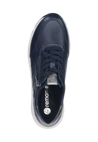 Navy leather sneaker with textured upper, round toe, and side zip. Features black laces, a cushioned insole, and light-colored sole.