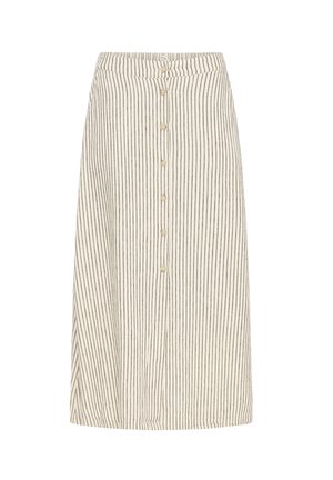 Jupe midi beige avec fines rayures verticales noires et une rangée avant de huit boutons beiges, coupe droite et ceinture.