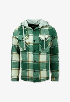 Groene en witte geruite flanellen jas met grijze capuchon, drukknoopsluiting, twee borstzakken en trekkoorden. Zachte, gestructureerde stof met contrasterende patronen.