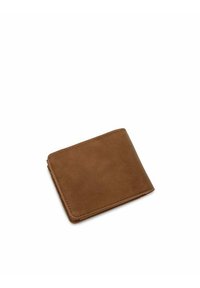 Brown leather wallet with a smooth texture, bi-fold design, and visible stitching along edges. Compact shape suitable for cards and cash.