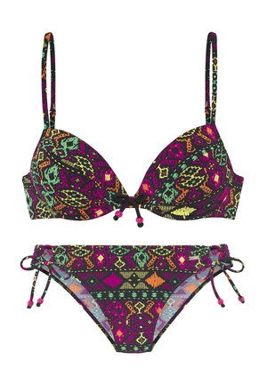 Bikini-Set mit gepolstertem Oberteil und Unterteil, das bunte geometrische und florale Muster in Lila, Orange, Grün und Schwarz mit seitlichen Bindebändern zeigt.