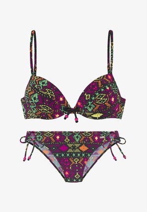 Bikini-Set mit gepolstertem Oberteil und Unterteil, das bunte geometrische und florale Muster in Lila, Orange, Grün und Schwarz mit seitlichen Bindebändern zeigt.