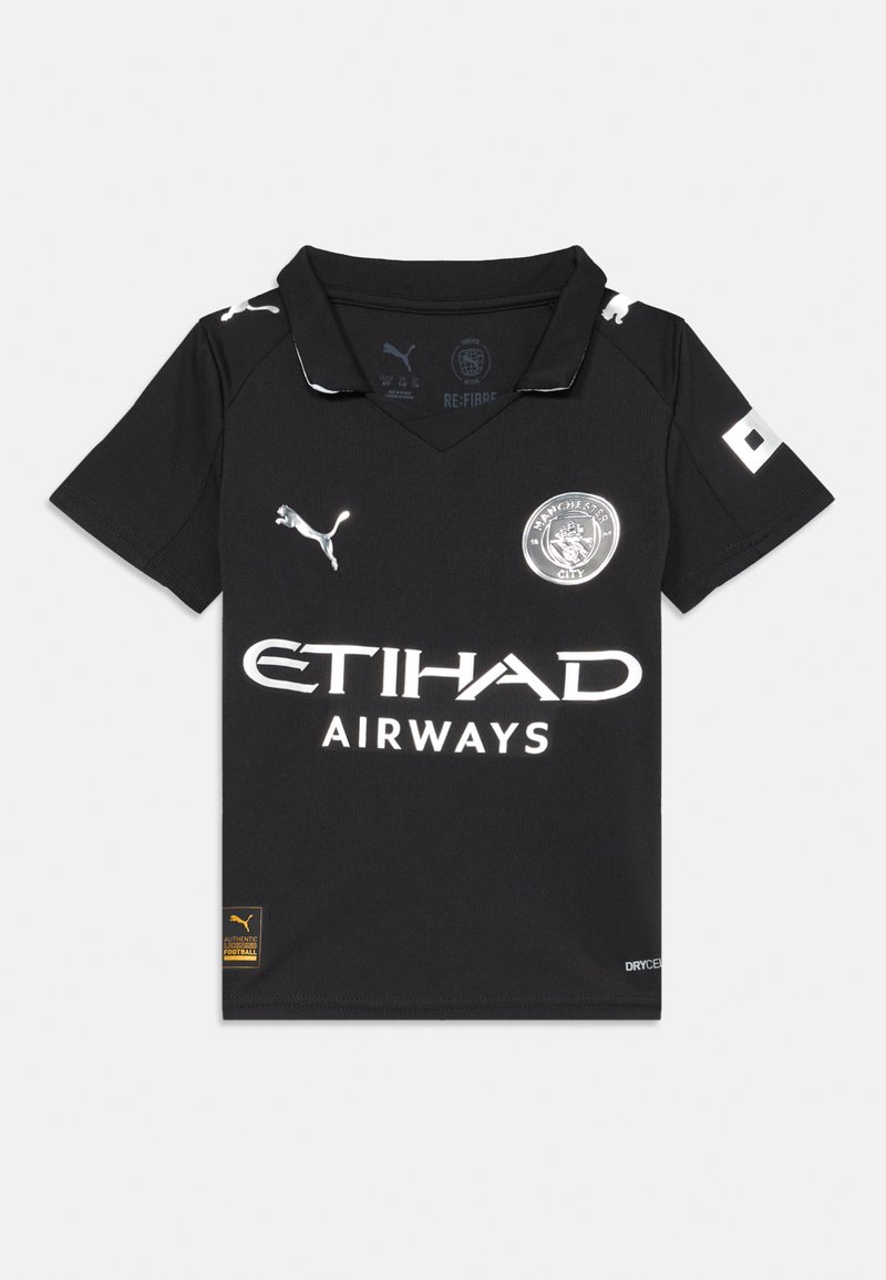 Μαύρη κοντομάνικη φανέλα ποδοσφαίρου με γιακά. Διαθέτει λευκά λογότυπα της Etihad Airways και της Manchester City. Υφασμάτινη με ανάγλυφη υφή, απορροφητική υγρασία.