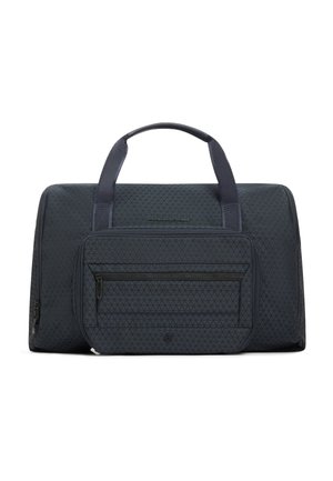 Bolsa de viaje estampada en azul oscuro con dos asas y un gran bolsillo frontal con cremallera sobre un fondo blanco.