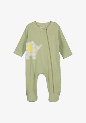 Body vert côtelé pour bébé avec une fermeture éclair à l'avant et un motif d'éléphant rayé avec une oreille jaune sur le côté gauche. Poignets réglables.