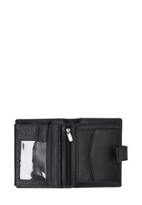 Sort læderpung med tekstureret finish, der har et lynlåslommerum, kortpladser og et gennemsigtigt ID-vindue.