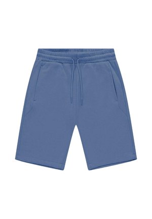 Blauwe katoenen korte broek met een elastische tailleband met trekkoord, twee zijzakken en nette, omzoomde randen. Eenvoudig ontwerp met een effen kleur.