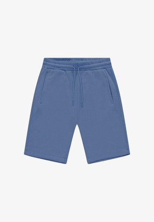 Blauwe katoenen korte broek met een elastische tailleband met trekkoord, twee zijzakken en nette, omzoomde randen. Eenvoudig ontwerp met een effen kleur.