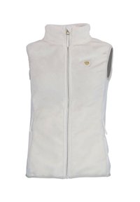 Gilet en polaire couleur écrue avec un col montant, une fermeture éclair sur le devant et deux poches latérales. Présente un petit logo sur la poitrine.