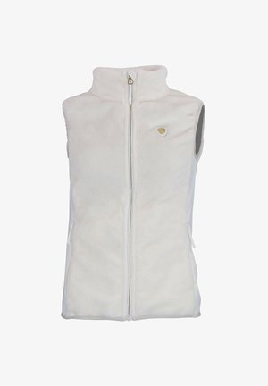 Gilet en polaire couleur écrue avec un col montant, une fermeture éclair sur le devant et deux poches latérales. Présente un petit logo sur la poitrine.