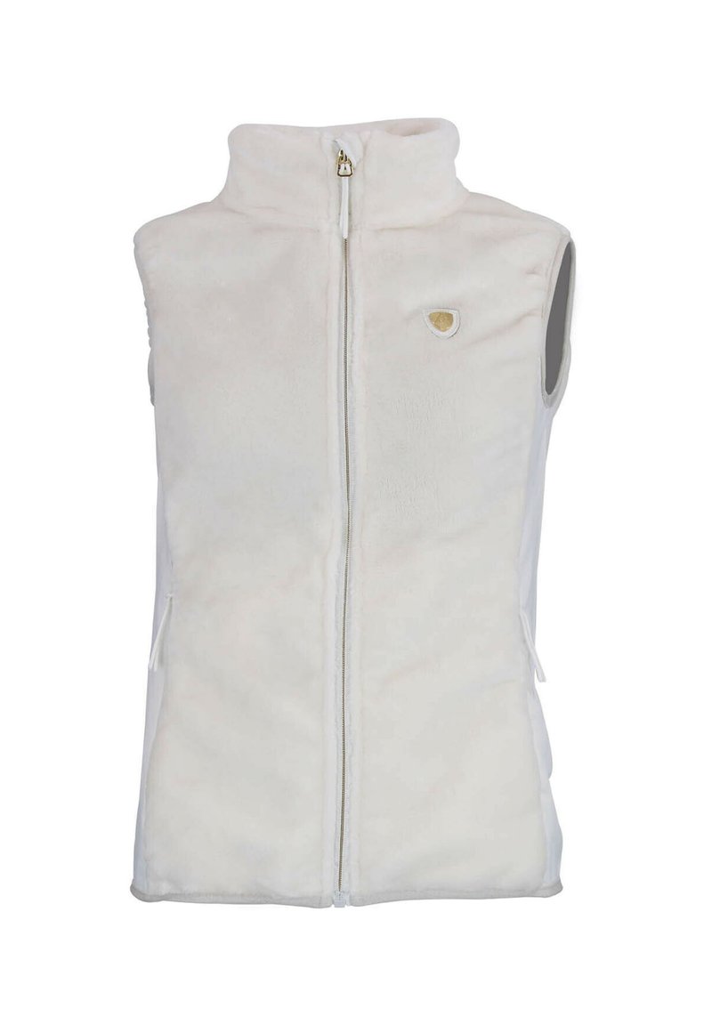 Gilet en polaire couleur écrue avec un col montant, une fermeture éclair sur le devant et deux poches latérales. Présente un petit logo sur la poitrine.