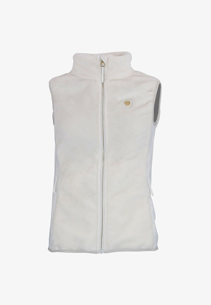 Gilet en polaire couleur écrue avec un col montant, une fermeture éclair sur le devant et deux poches latérales. Présente un petit logo sur la poitrine.