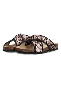 Tvärremmade sandals med en övre i rosa och svart prickigt mönster, korkfotbädd och texturerad gummisula för bra grepp. Lätt och avslappnad design.