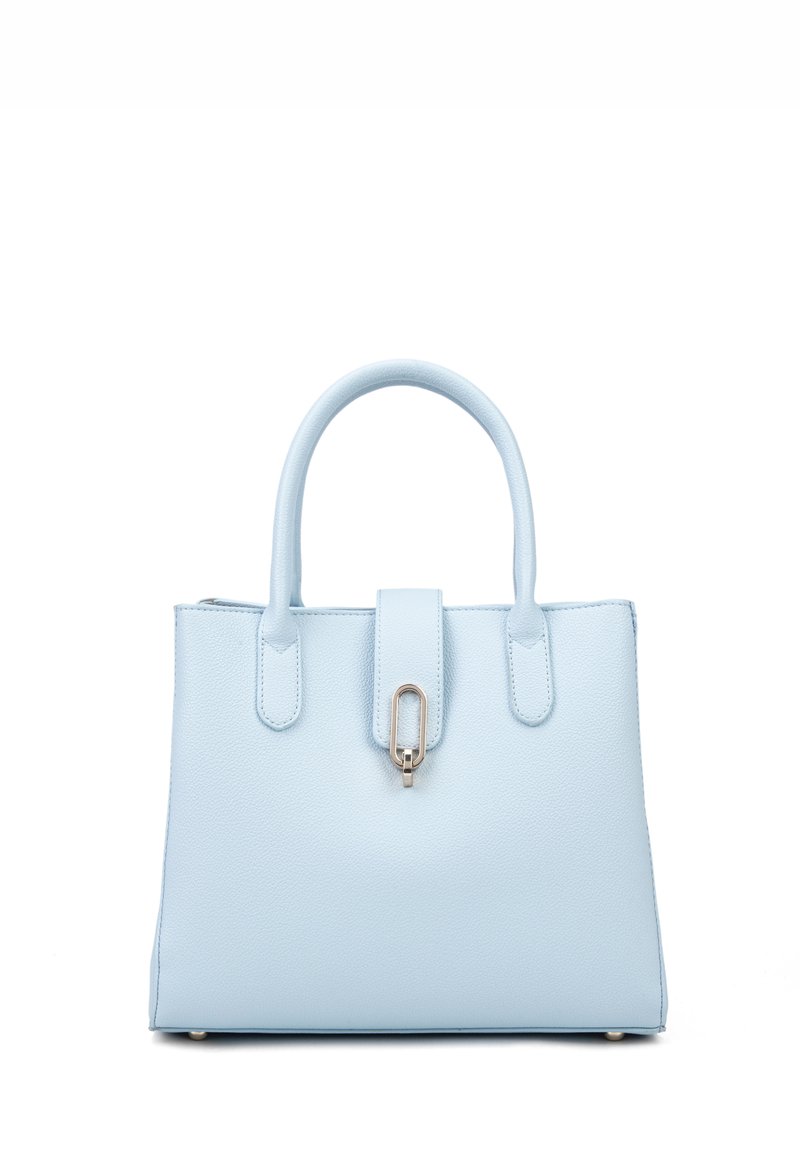 Borsa a mano in pelle azzurra chiara con un design strutturato, due manici corti e una chiusura a pattina con un dettaglio in metallo color argento.