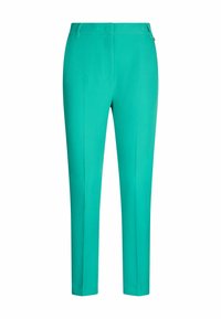 Pantalon droit turquoise vif avec une taille mi-haute et une fermeture frontale dissimulée, présenté sur un fond blanc.