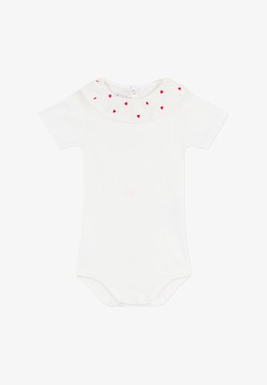 Body bianco a maniche corte con colletto arricciato decorato da piccoli cuori rossi e chiusura a pressione sul retro e sul fondo.