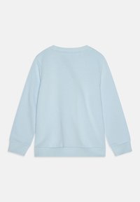 Sudadera azul claro hecha de suave algodón con puños y dobladillo acanalados. Presenta un diseño sencillo sin gráficos ni adornos visibles.