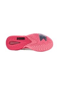 Semelle de chaussure de sport K-Swiss en caoutchouc rose avec un motif en zigzag et un logo noir. Bords lisses et grip texturé pour une meilleure traction.