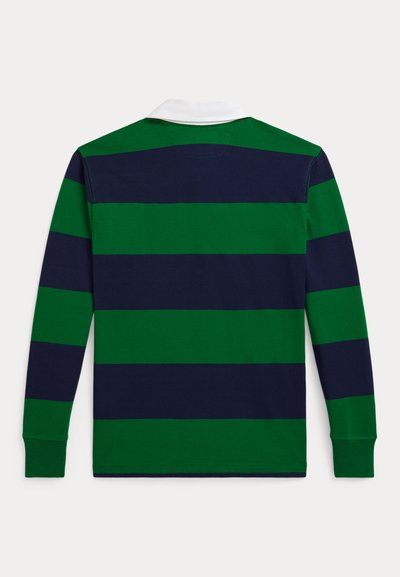 Μακρυμάνικο πουκάμισο πόλο με πράσινες και ναυτικές οριζόντιες ρίγες, άσπρο γιακά, βαμβακερό υλικό και ριμπ μανσέτες.