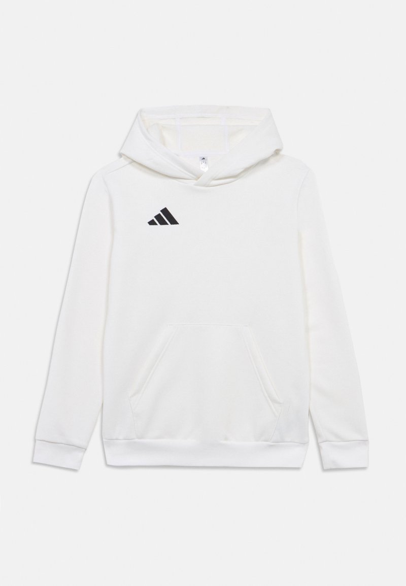 Sudadera blanca con un bolsillo canguro frontal, capucha con cordón y logo negro de Adidas en el pecho. Fabricada con una tela suave y texturizada.