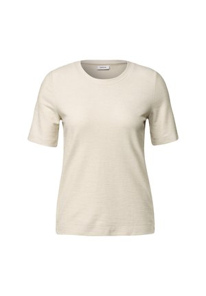 T-shirt z krótkim rękawem, z okrągłym dekoltem w jasnym beżu. Wykonana z miękkiego, teksturowanego materiału z delikatnym wzorem i standardowym krojem.