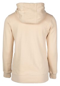 Beige hoodie met een eenvoudig ontwerp, lange mouwen en geribbelde boorden. Gemaakt van zachte stof met een gladde textuur.