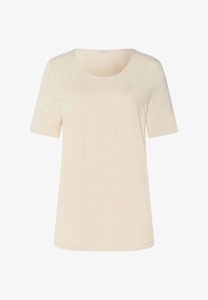 Beżowa damska koszulka z krótkim rękawem, okrągłym dekoltem i luźnym krojem, wykonana z gładkiej bawełnianej tkaniny, prezentowana na białym tle.