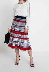 Veelkleurige geplooide rok met rode, blauwe en witte strepen, met een marineblauwe tailleband. Gecombineerd met een wit blouse en een zwarte handtas.