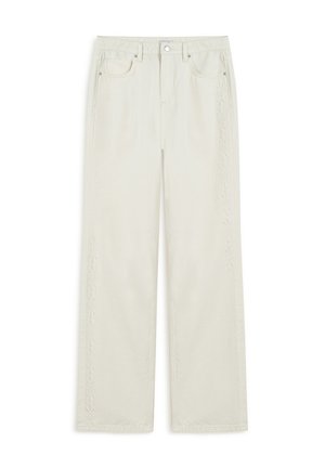 Krémové široké kalhoty vyrobené z odolné tkaniny, s jemnou květinovou výšivkou po straně, dvěma předními kapsami a zapínáním na knoflík.