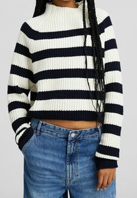 Pletený svetr s navy a krémovými vodorovnými pruhy, vysokým límcem a žebrovanými manžetami. Spárován s vysoce pasovými bledě modrými džíny.