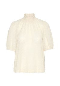 Blusa color crema con collo alto, maniche a sbuffo corte e tessuto testurizzato caratterizzato da un sottile motivo intrecciato. Orlo dritto.