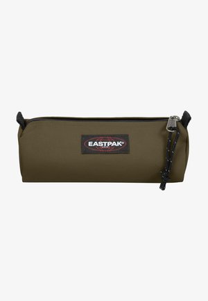 Olive green pencil case made of durable fabric, featuring a zip closure, black accents, and a red and black Eastpak logo patch on the front.