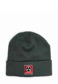 Tumehall riidest müts, millel on voltis serv ja punane ruudukujuline plaastriga, millel on musta ja valge molekuli logo. Pehme tekstuur, ümar tipp.