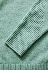 Hellgrüner Pullover mit gerippten Bündchen und Saum. Weiche Textur, auffälliges Strickmuster an den Ärmeln, sauberes Design ohne sichtbare Verzierungen.