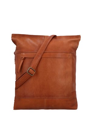 Sac bandoulière en cuir marron avec sangle réglable, poche zippée à l'avant et texture lisse sur fond blanc.