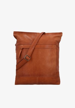 Pruun nahast ristkere kott reguleeritava rihmaga, esiteljel lukuga tasku ja siledapinnaline, valgel taustal.