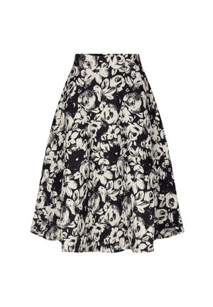 Gonna midi floreale in bianco e nero, caratterizzata da una vita aderente e una silhouette svasata. Realizzata in tessuto intrecciato con una finitura testurizzata.