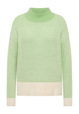 Green ribbed sweater with a high neckline and long sleeves, featuring a cream-colored lower band. Textured fabric with a soft appearance.