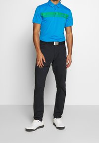 Man som bär en blå pikétröja med grön rand, svarta byxor, svart bälte med silverspänne och vita sneakers som står mot en vit bakgrund.