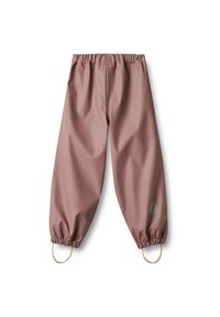 Pantaloni impermeabili pentru copii, de culoare roz prăfuit, cu talie și manșete elastice la gleznă, echipați cu chingi pentru picior pentru o fixare sigură.