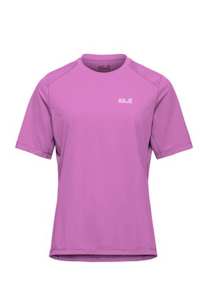 Kurzärmeliges lila Sport-T-Shirt mit Rundhalsausschnitt und kleinem weißen "Jack Wolfskin"-Logo auf der linken Brust.