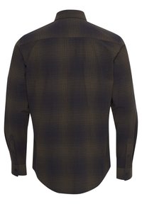 Long-sleeve checked shirt in dark navy and brown tones, featuring a traditional collar, button cuffs, and a slightly curved hem.