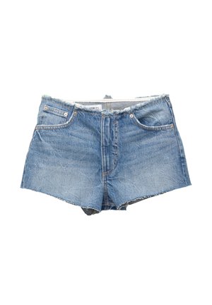 Shorts in denim blu con orlo sfrangiato, caratterizzati da un design classico, tasche frontali e cuciture visibili sulle cuciture.