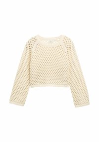 Pull crochet couleur écru à coupe ample, avec un tissage ouvert texturé et des manches longues, terminé par un ourlet et des poignets côtelés.