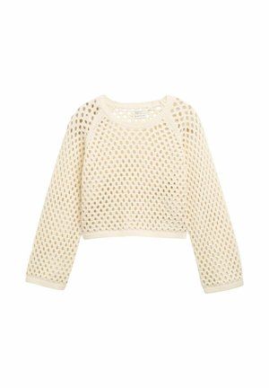Häkelpullover in Off-White mit lockerem Sitz, ausgestattet mit einem strukturierten offenen Gewebe und langen Ärmeln, abgerundet mit einem gerippten Saum und Bündchen.