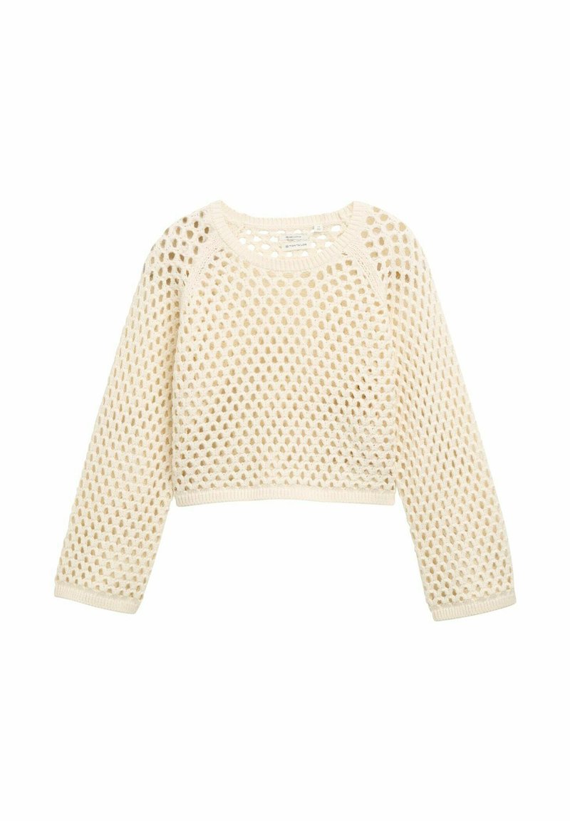 Pull crochet couleur écru à coupe ample, avec un tissage ouvert texturé et des manches longues, terminé par un ourlet et des poignets côtelés.