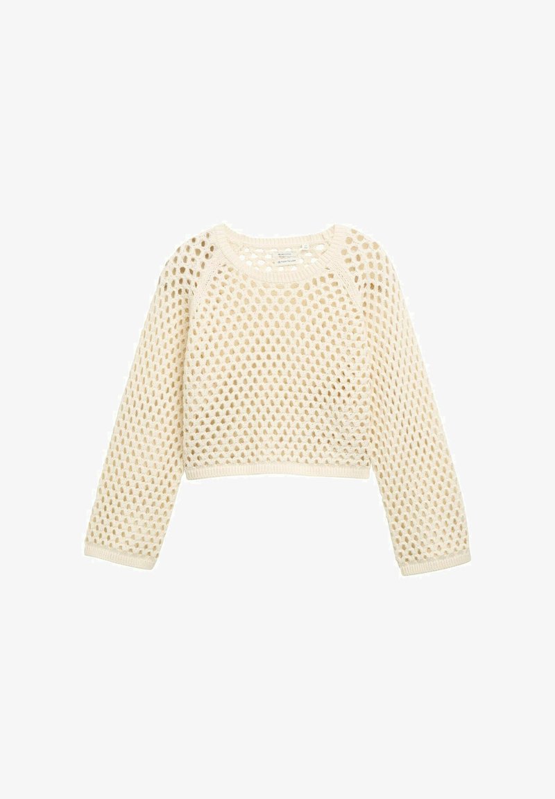 Häkelpullover in Off-White mit lockerem Sitz, ausgestattet mit einem strukturierten offenen Gewebe und langen Ärmeln, abgerundet mit einem gerippten Saum und Bündchen.