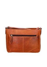 Borsa a tracolla in pelle marrone con tasca frontale con zip, design piatto, cinturino largo e texture liscia. Cuciture robuste lungo i bordi.