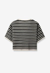 Pull court à rayures noires et blanches avec un motif en tricot texturé, des manches courtes et un col rond.